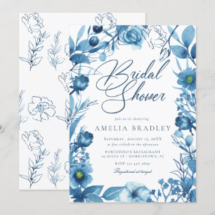 Elegantes Blumenblauer Brautparty Einladung