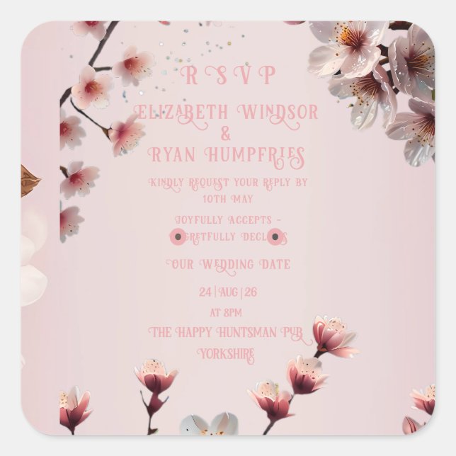 Elegantes Blumenblossom Hochzeitsempfehlung Design Quadratischer Aufkleber (Vorderseite)