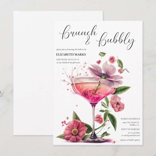 Elegantes Blumenbrunch & Bubbly Brautparty Inv. Einladung (Vorne/Hinten)