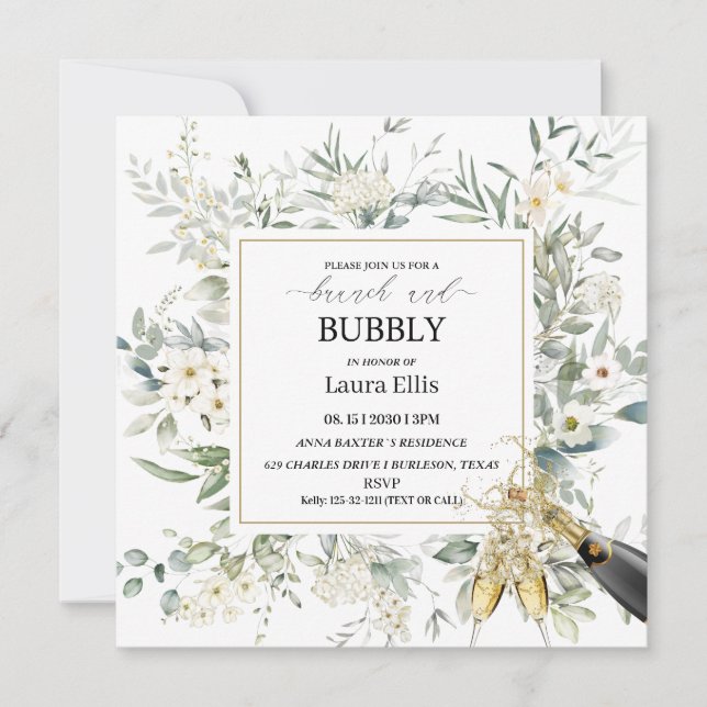 Elegantes Blumenbrunch und Bläschen in Wildblume Einladung (Vorderseite)