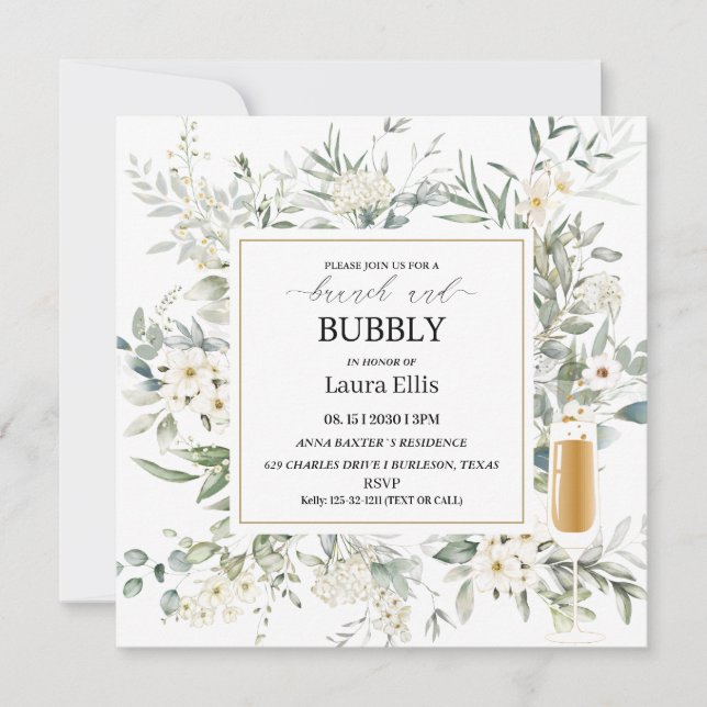 Elegantes Blumenbrunch und blubbly Wildblume Einladung (Vorderseite)
