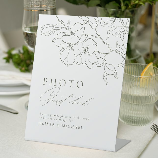 Elegantes Blumenbuch Grünen Hochzeitstag Foto Sockelschild (Elegant floral Sage Green Wedding Photo Guest Book Pedestal Sign)