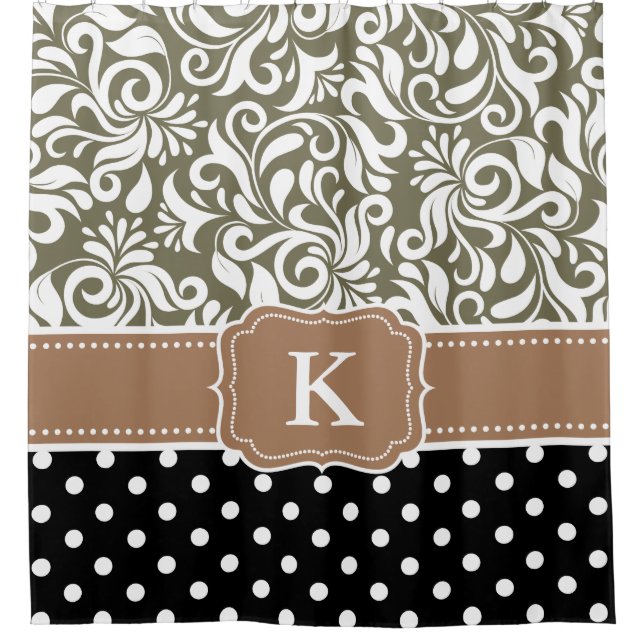 Elegantes Blumendamast-Tupfen-TAN-Monogramm Duschvorhang (Vorderseite)