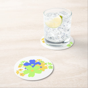 Elegantes Blumendesign in blau-gelb-grün Runder Pappuntersetzer
