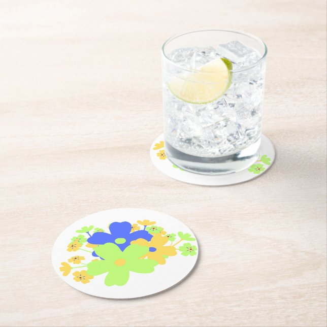 Elegantes Blumendesign in blau-gelb-grün Runder Pappuntersetzer (Vor Ort)