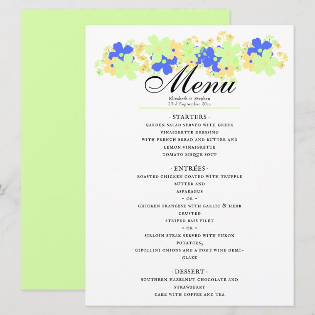 Elegantes Blumendesign in grüngelb-blau Menükarte (Vorne/Hinten)