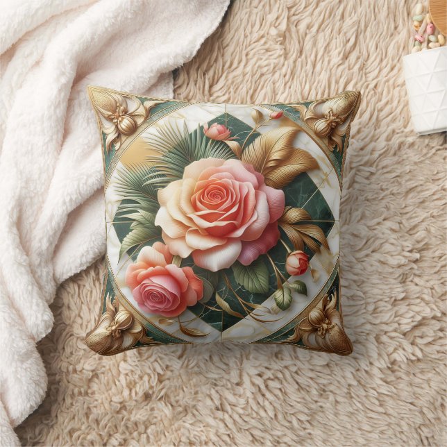 Elegantes Blumendesign in Rose mit Goldakzenten Kissen (Decke)