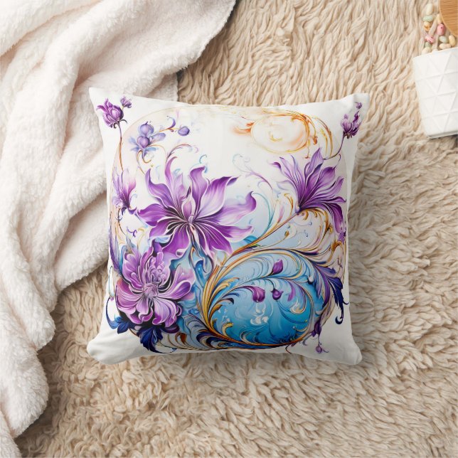 Elegantes Blumendesign mit Lila und blauen Akzente Kissen (Decke)