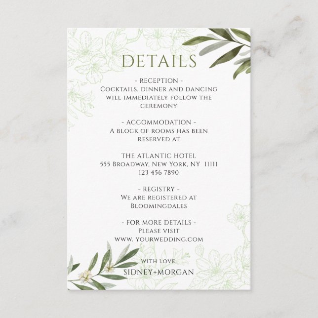 Elegantes Blumengestein Grüne Olive Hochzeiten Det Begleitkarte (Vorderseite)
