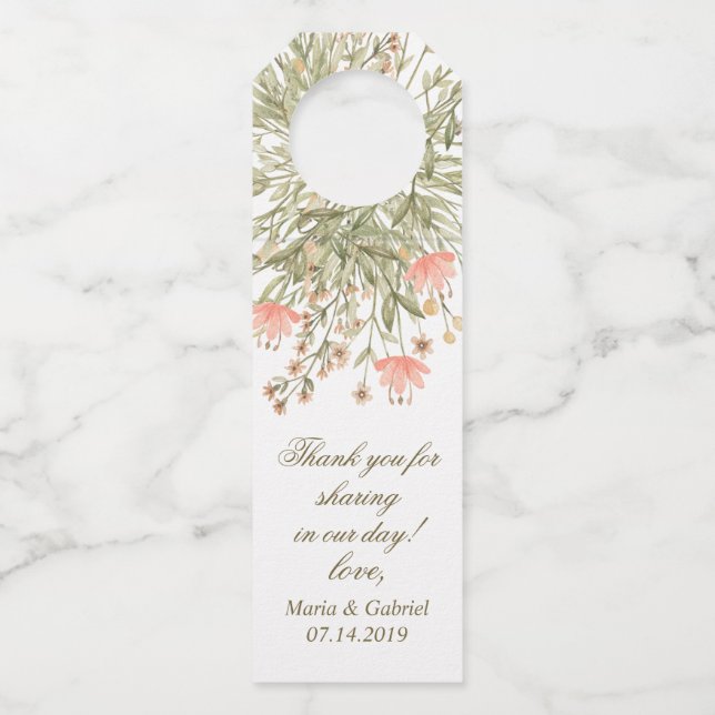 Elegantes Blumengrün. Landhochzeit Flaschenanhänger (Vorderseite)