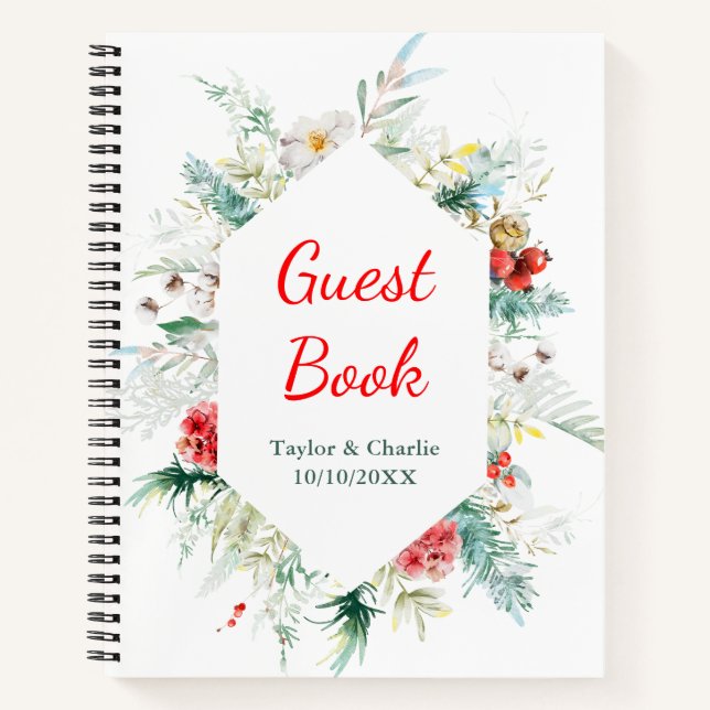 Elegantes Blumengrün Winter Wedding Guest Book Notizbuch (Vorderseite)