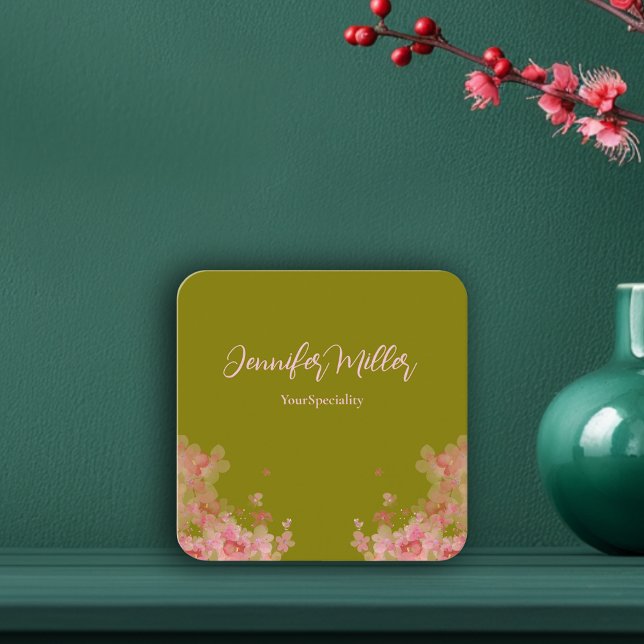 Elegantes, blumengrünes Aquarell Quadratische Visitenkarte (Elegant watercolor floral olive green square business card)