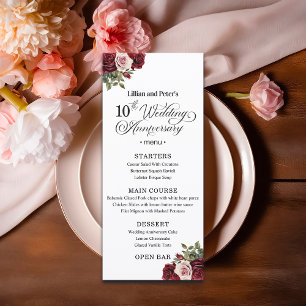 Elegantes Blumenjubiläum 10. Hochzeitstag Menükarte