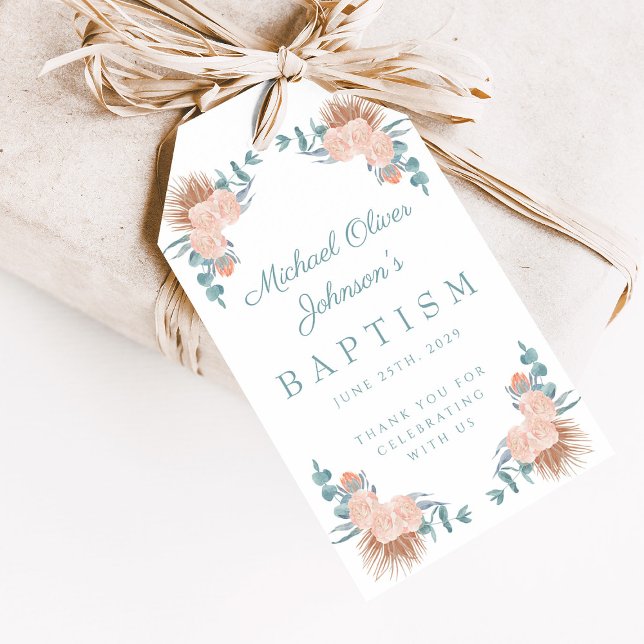 Elegantes Blumenjungen Foto Taufe Geschenkanhänger (Elegant Floral Boy Photo Baptism Gift Tags)