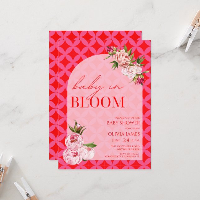 Elegantes Blumenkachelbaby in Blütendusche Einladung (Vorderseite/Rückseite Beispiel)