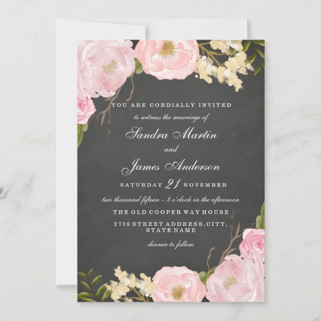 Elegantes Blumenkhalkboard Einladung zur Hochzeit (Vorderseite)