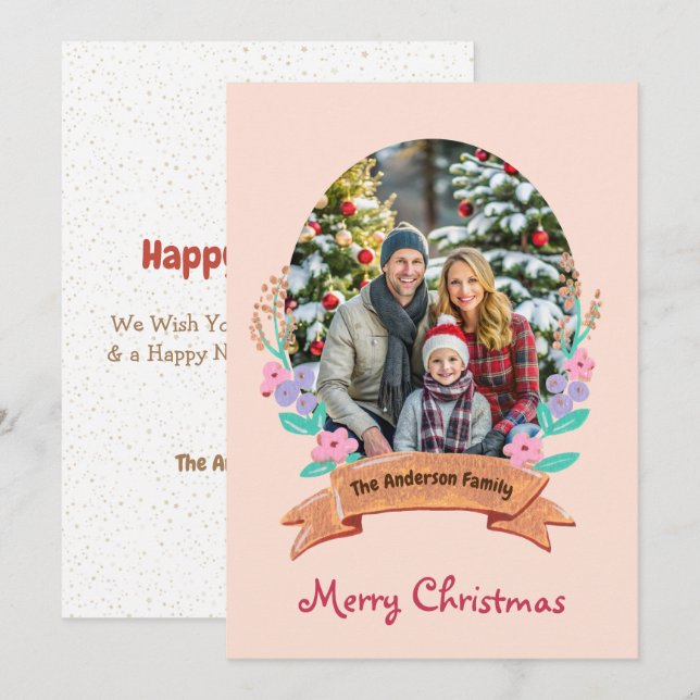 Elegantes Blumenkraut Rosa Foto Weihnachten (Vorne/Hinten)