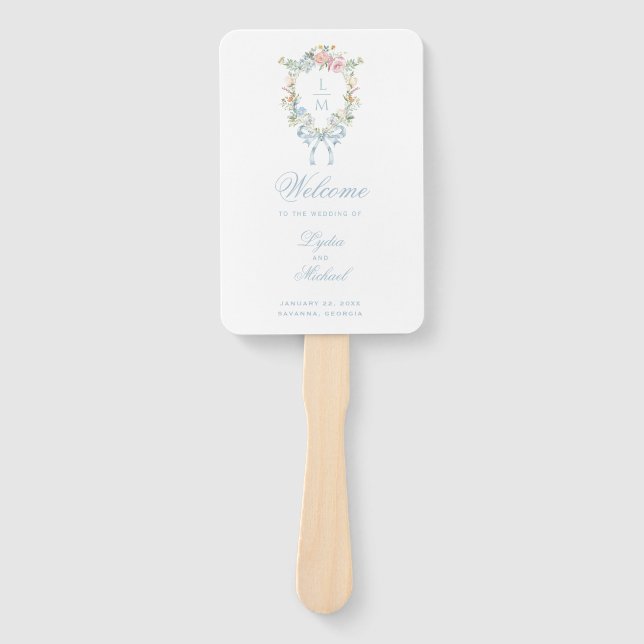 Elegantes Blumenkraut-Wappen Monogram Wedding Fächer (Vorderseite)