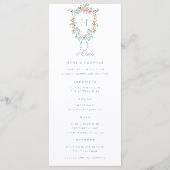Elegantes Blumenkraut-Wappen Monogram Wedding Menükarte (Vorderseite)