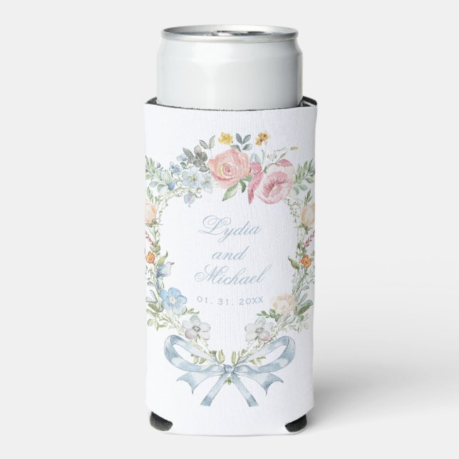 Elegantes Blumenkraut-Wappen Monogram Wedding Selters Dosenkühler (Seltzer Vorderseite)