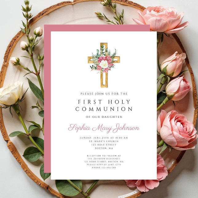Elegantes Blumenkreuz Erste Heilige Kommunion Einladung (Elegant Floral Cross First Holy Communion Invitation)