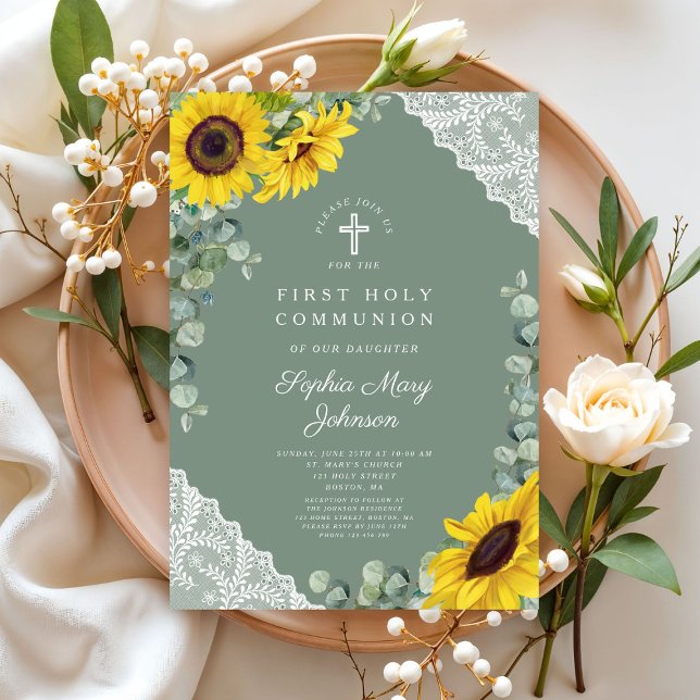 Elegantes Blumenkreuz Erste Heilige Kommunion Einladung (Elegant Floral Cross First Holy Communion Invitation)