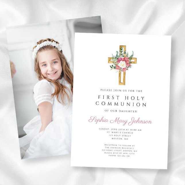Elegantes Blumenkreuz Foto Einladung (Elegant Floral Cross Girl First Communion Photo Invitation)