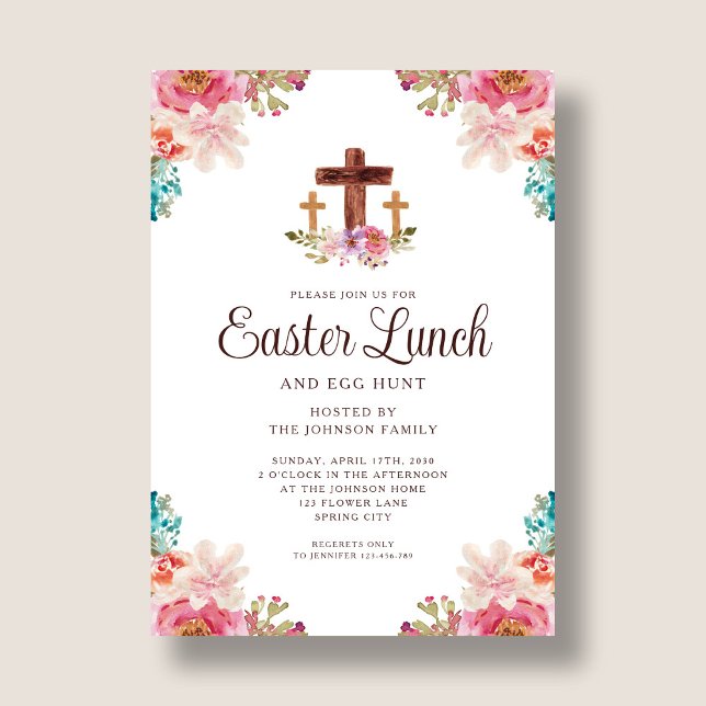 Elegantes Blumenkreuz Osterfest Einladung (Elegant Floral Cross Easter Lunch Invitation)