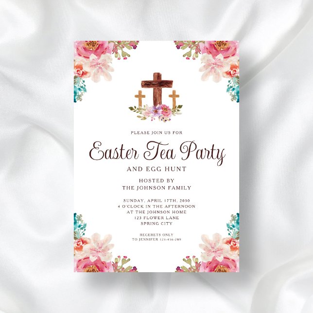 Elegantes Blumenkreuz Party Osterfest Einladung (Elegant Floral Cross Tea Party Easter Invitation)