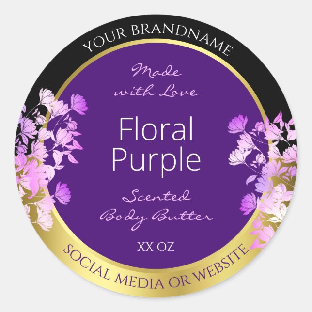 Elegantes Blumenlabel Schwarzes Gold und Lila Runder Aufkleber (Vorderseite)
