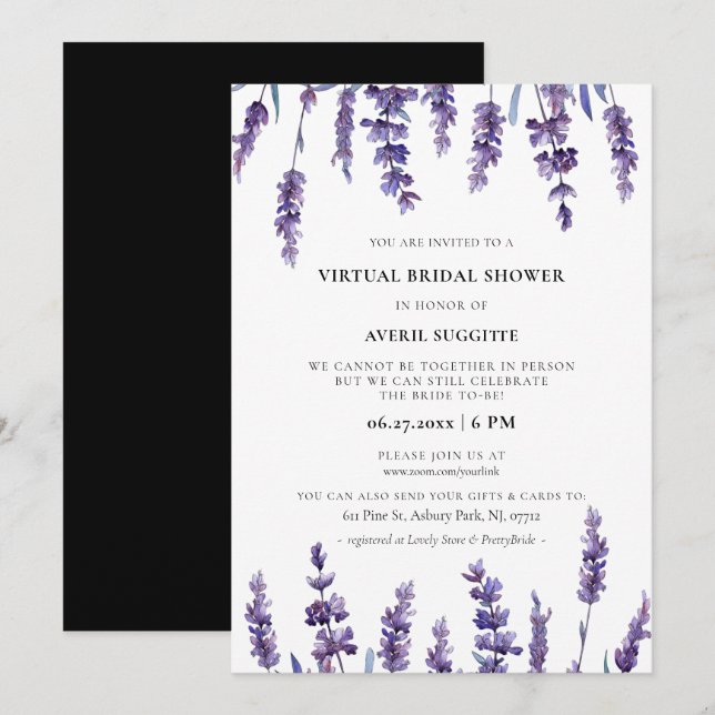 Elegantes Blumenlavender Virtual Brautparty Einladung (Vorne/Hinten)