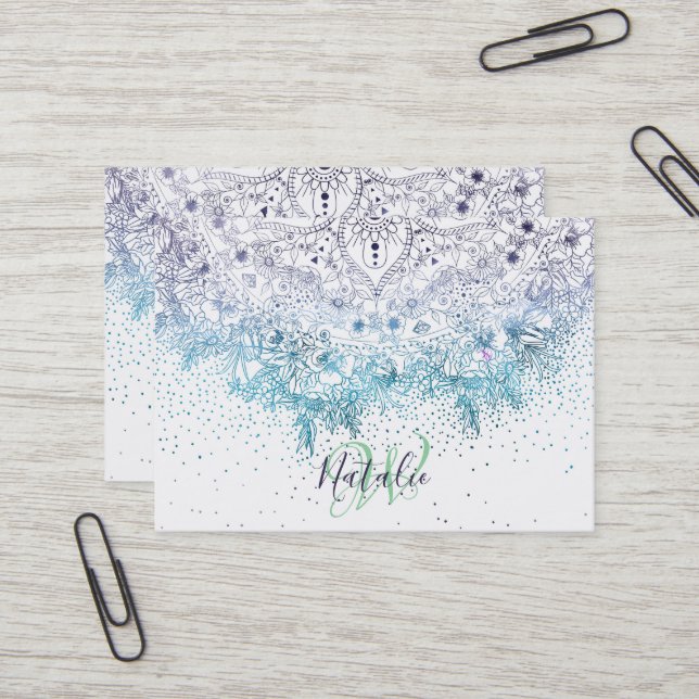 Elegantes Blumenmandala und Konfetti-Bild Visitenkarte (Vorderseite/Rückseite Beispiel)