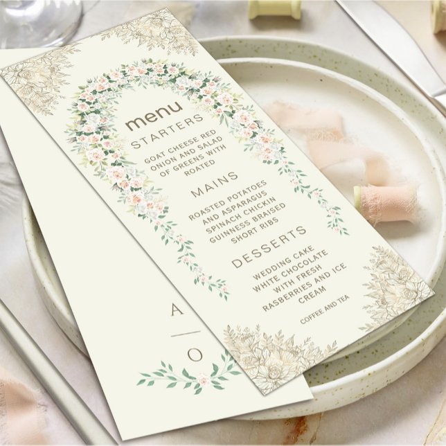 Elegantes Blumenmenü Einladung (Elegant Floral Arch Wedding Menu Invitation #zazzlefinds #softcolormenu #decorativegoldframe #floral)