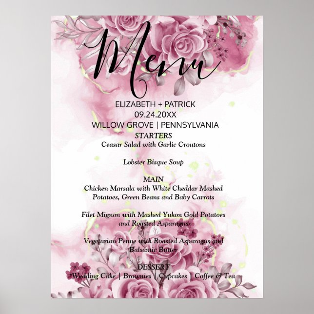 Elegantes Blumenmenü mit Wasserfarben Poster (Vorne)