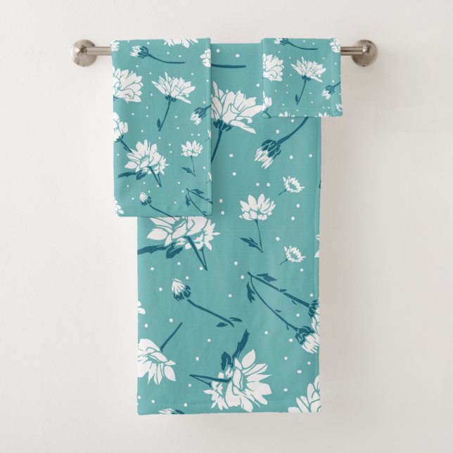 Elegantes Blumenmuster - Aquamarin & weiß botanisc Badhandtuch Set (Insitu)