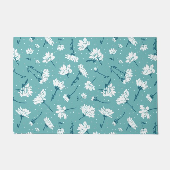 Elegantes Blumenmuster - Aquamarin & weiß botanisc Fußmatte (Vorderseite)