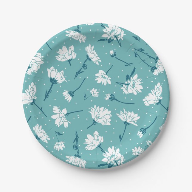 Elegantes Blumenmuster - Aquamarin & weiß botanisc Pappteller (Vorderseite)