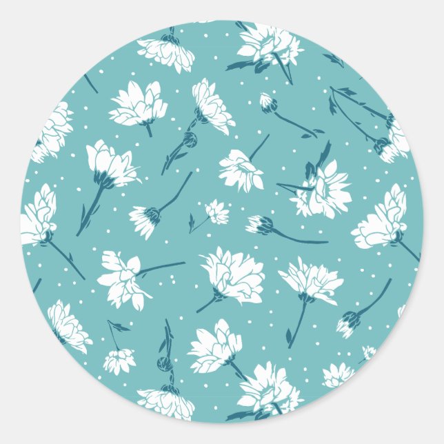 Elegantes Blumenmuster - Aquamarin & weiß botanisc Runder Aufkleber (Vorderseite)