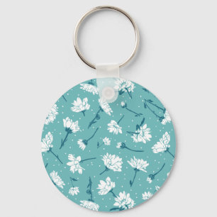 Elegantes Blumenmuster - Aquamarin & weiß botanisc Schlüsselanhänger