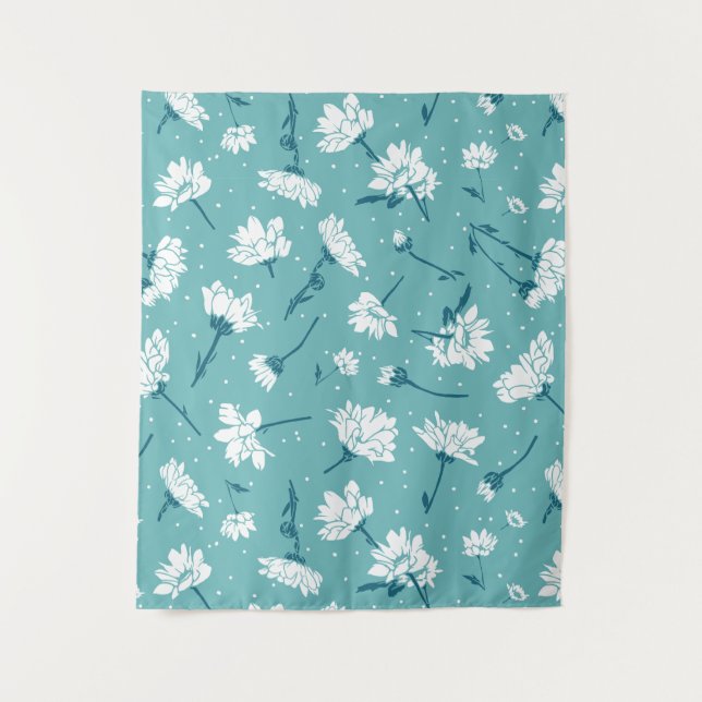 Elegantes Blumenmuster - Aquamarin & weiß botanisc Wandteppich (Vorderseite)