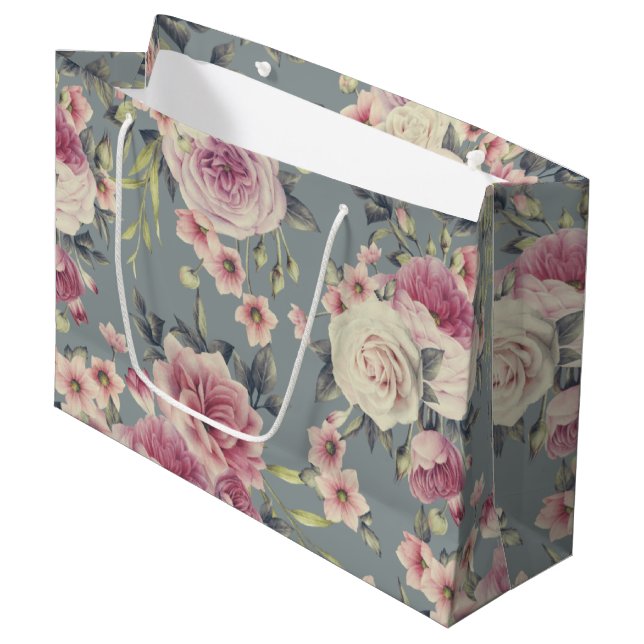 Elegantes Blumenmuster aus rosa Rosen und Blume Große Geschenktüte (Vorderseite Schrägansicht)