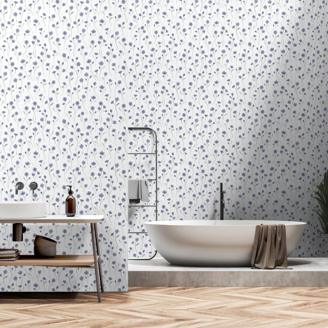 Elegantes Blumenmuster Blau Weiße Unterlage Tapete (Badezimmer)