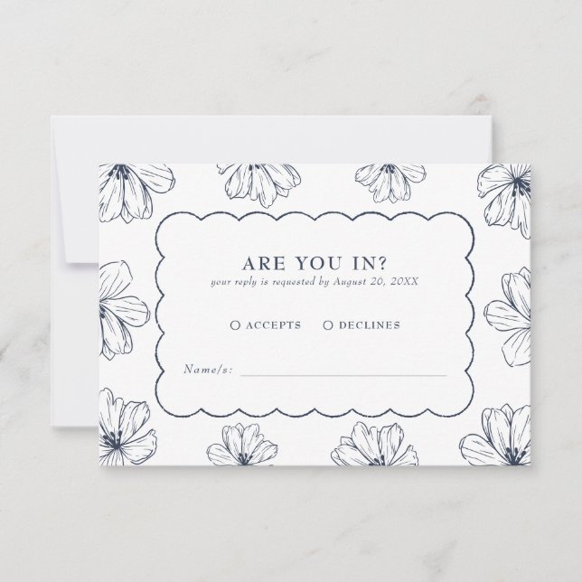 Elegantes Blumenmuster Blaue Hochzeit RSVP Karte (Vorderseite)