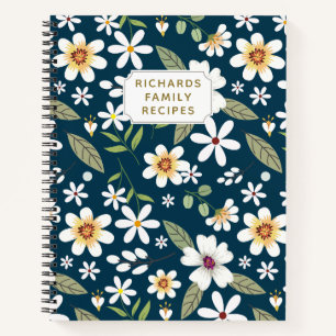 Elegantes Blumenmuster Blaue Marine Familienrezept Notizbuch
