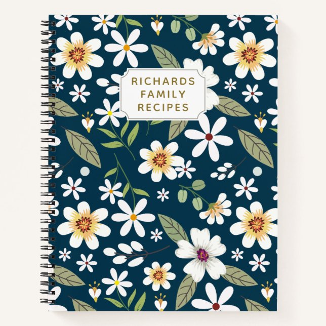 Elegantes Blumenmuster Blaue Marine Familienrezept Notizbuch (Vorderseite)