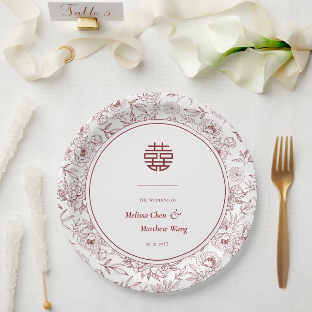 Elegantes Blumenmuster Double Xi Chinesische Hochz Pappteller (Hochzeit)
