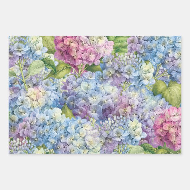 Elegantes Blumenmuster in Blau und Rosa Hydrangea Geschenkpapier Set (Vorderseite)