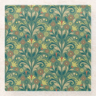 Elegantes Blumenmuster in Gelb und Rot auf Grün Glasuntersetzer