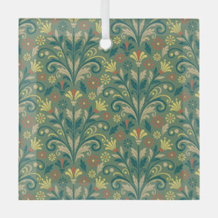 Elegantes Blumenmuster in Gelb und Rot auf Grün Ornament Aus Glas