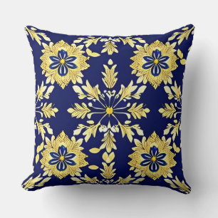 Elegantes Blumenmuster in Gold und Blau Kissen